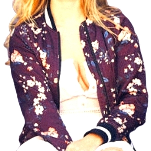 A.N.A. Black Purple Floral Bomber Jacket - Picture 1 of 5